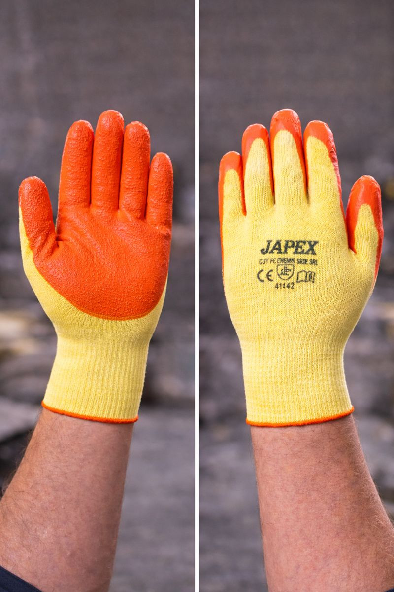 HAND GLOVES LATEX COATED ORANGE YELLOW 80-90 GM
